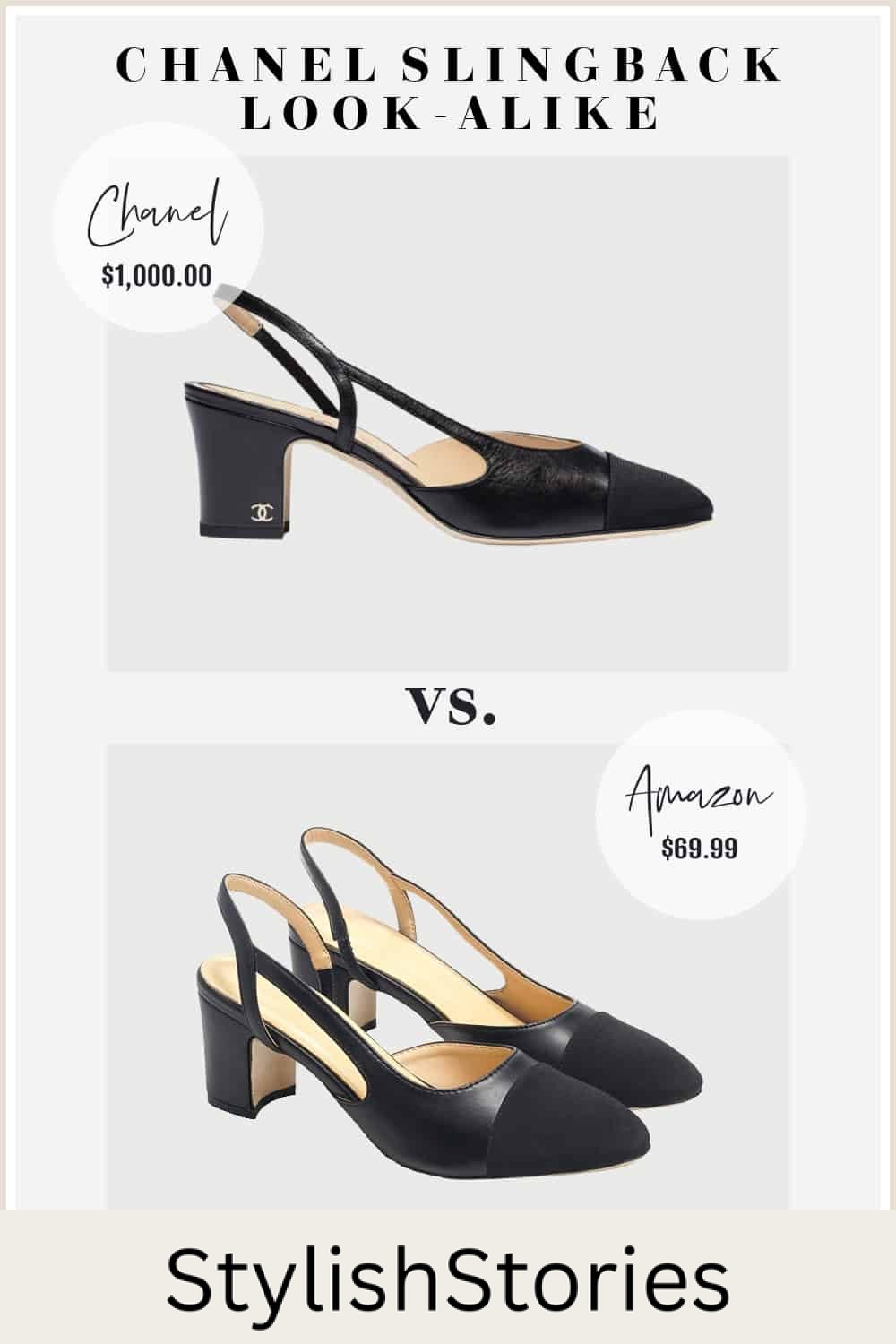 image comparing a black Chanel slingback pump with a look-alike shoe