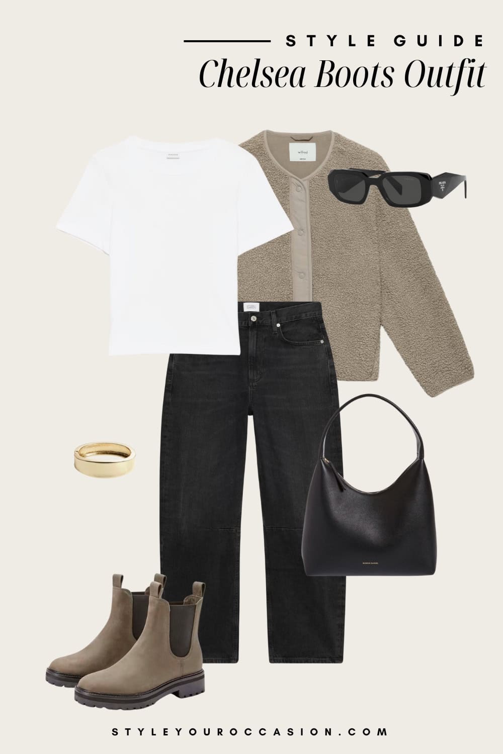 an image board featuring black jeans, a white tee, brown coat, and taupe chelsea boots