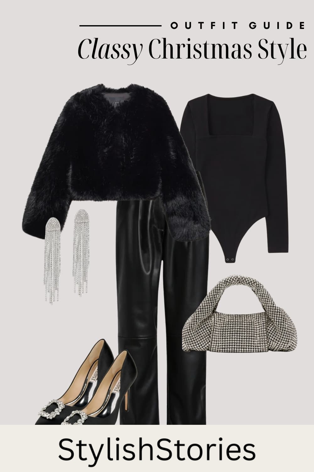 An image board of a Christmas outfit featuring black leather pants, a black square neck bodysuit, a faux fur black top, black heels with silver buckles, a silver rhinestone handbag, and dangly silver earrings