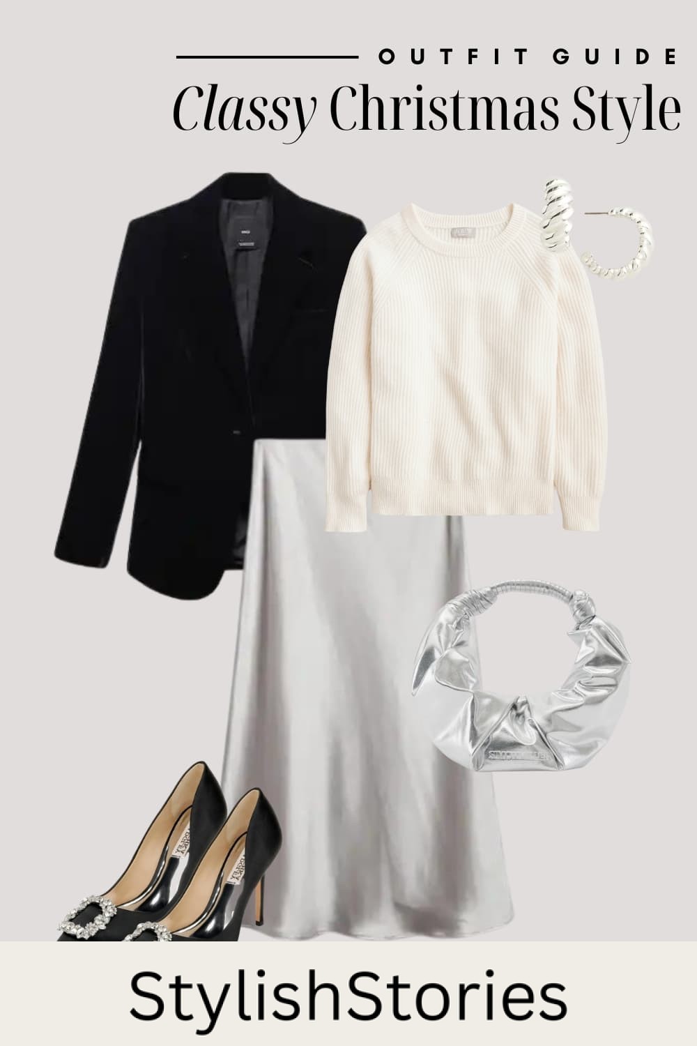 An image board of a Christmas outfit featuring a grey silk midi skirt, a white knit sweater, a black velvet blazer, black heels with silver buckles, a silver half moon purse, and silver croissant hoops