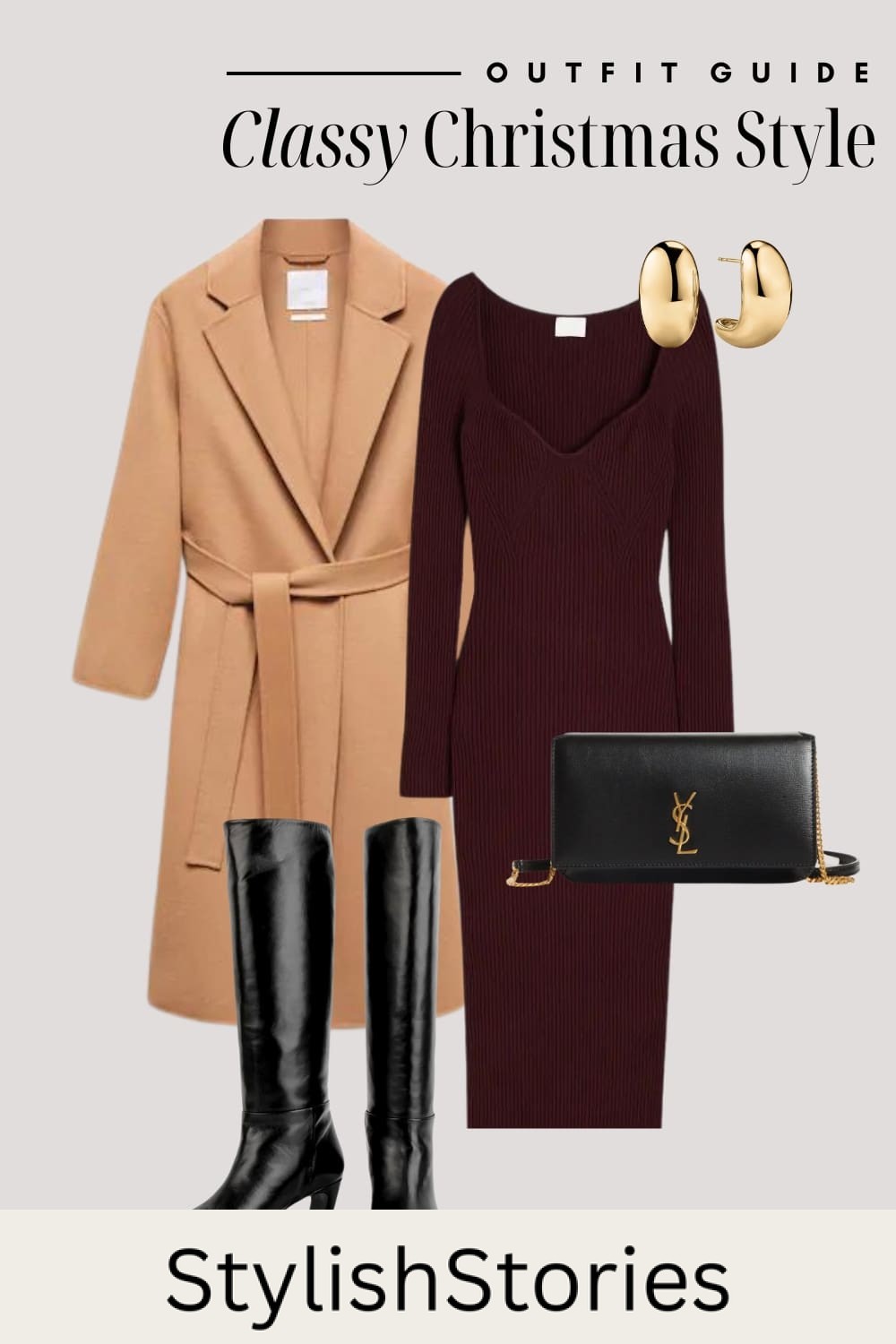 An image board of a Christmas outfit featuring a burgundy knit midi dress, a long camel wool coat, knee-high black leather boots, chunky gold hoop earrings, and a black leather crossbody purse