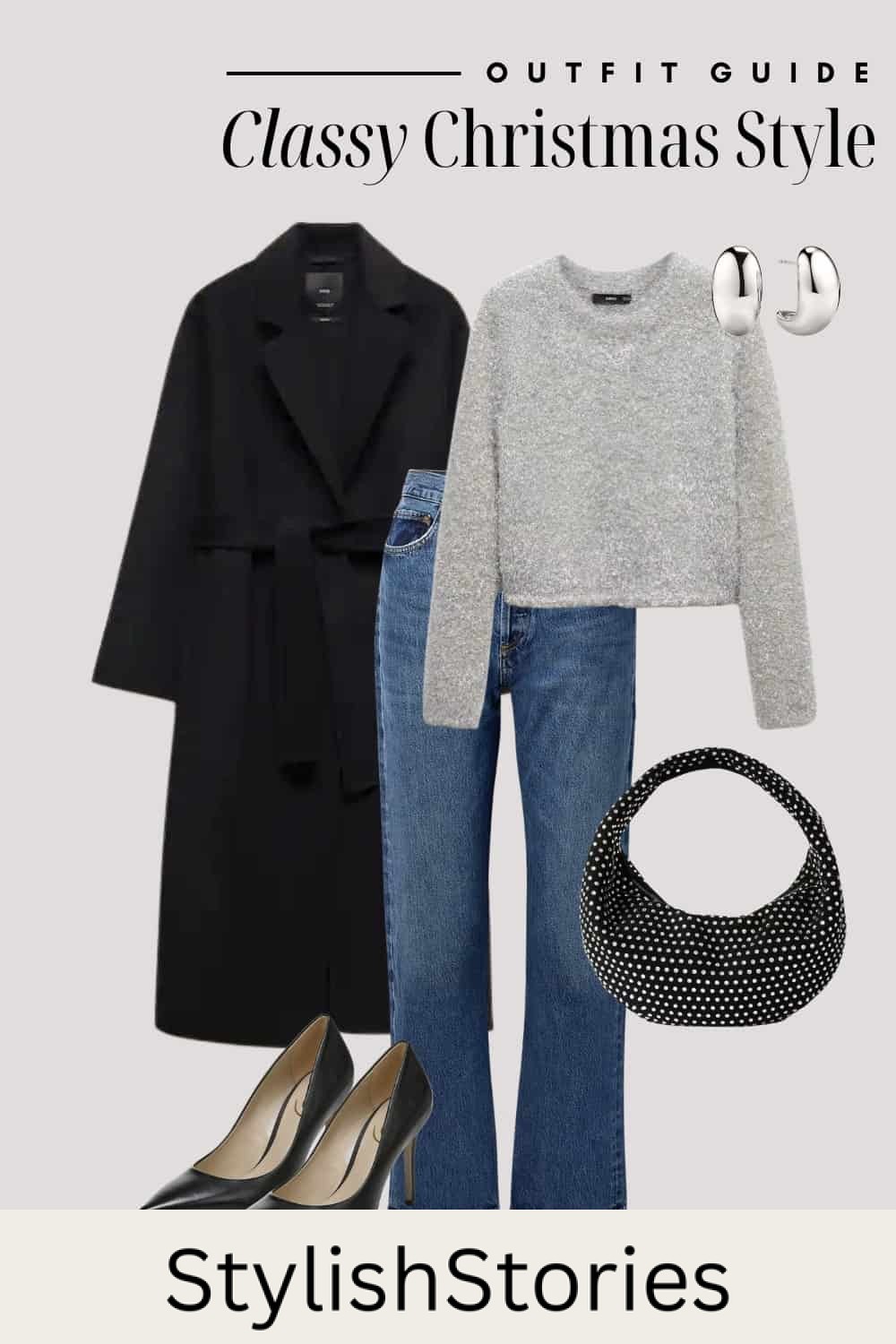 An image board of a Christmas outfit featuring wide-leg blue jeans, a fluffy grey crewneck sweater, a long black wool coat, black pumps, a black and silver handbag, and chunky silver hoop earrings