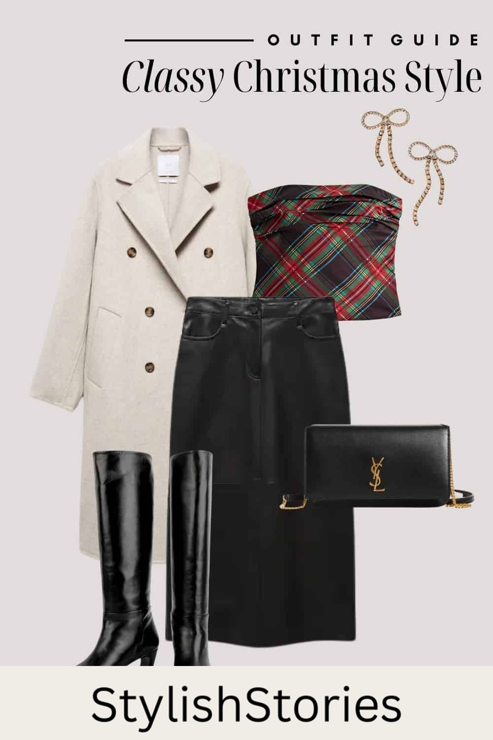 An image board of a Christmas outfit featuring a black leather midi skirt, a green and red plaid tube top, a long white coat, knee-high black leather boots, gold bow earrings, and a black leather crossbody bag