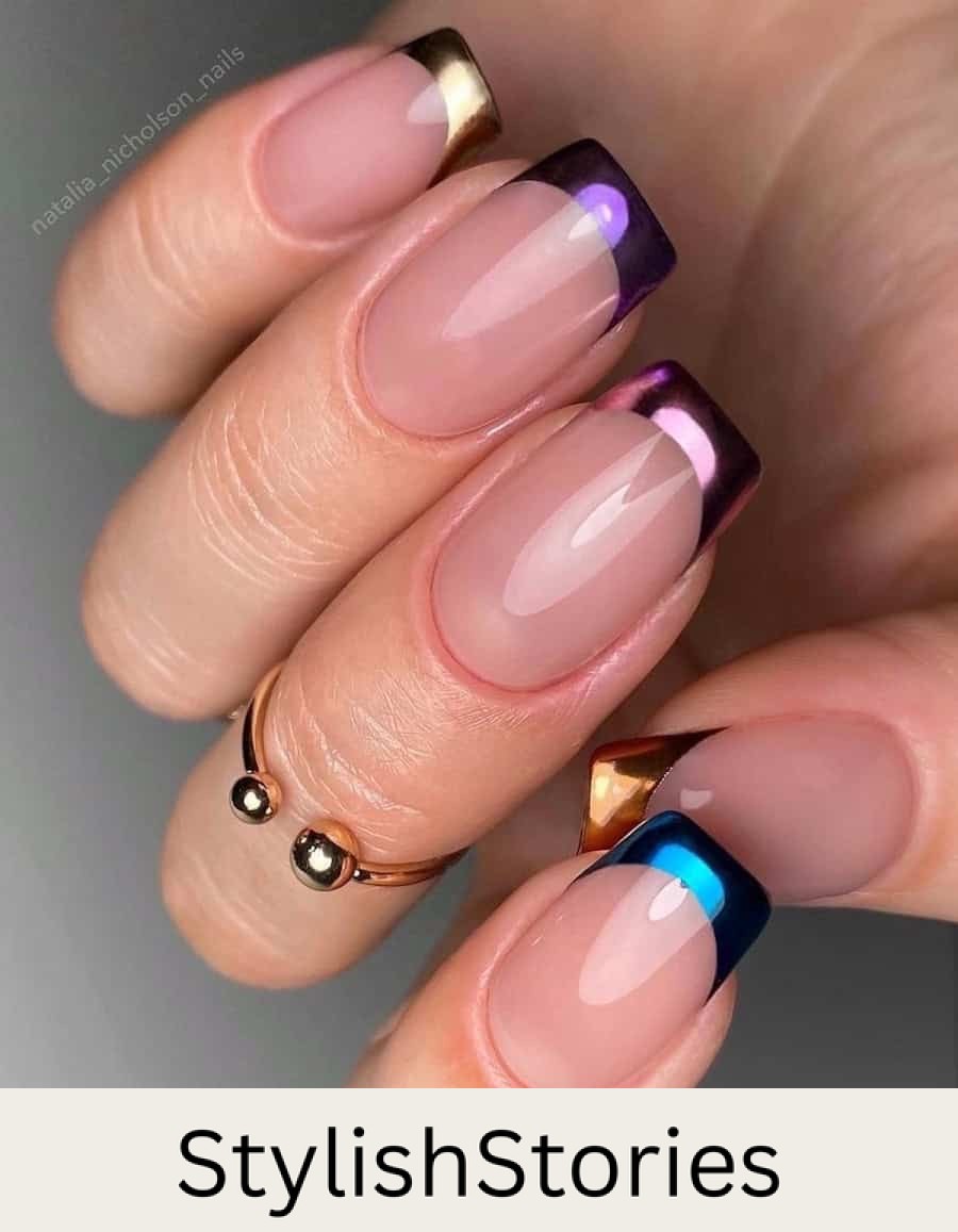 glossy nude nails with gradient chrome tips