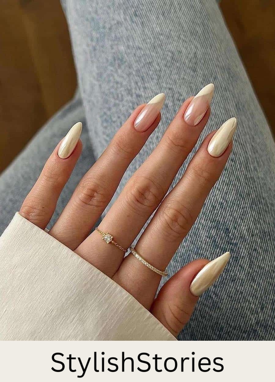 vanilla chrome nails with wave accents