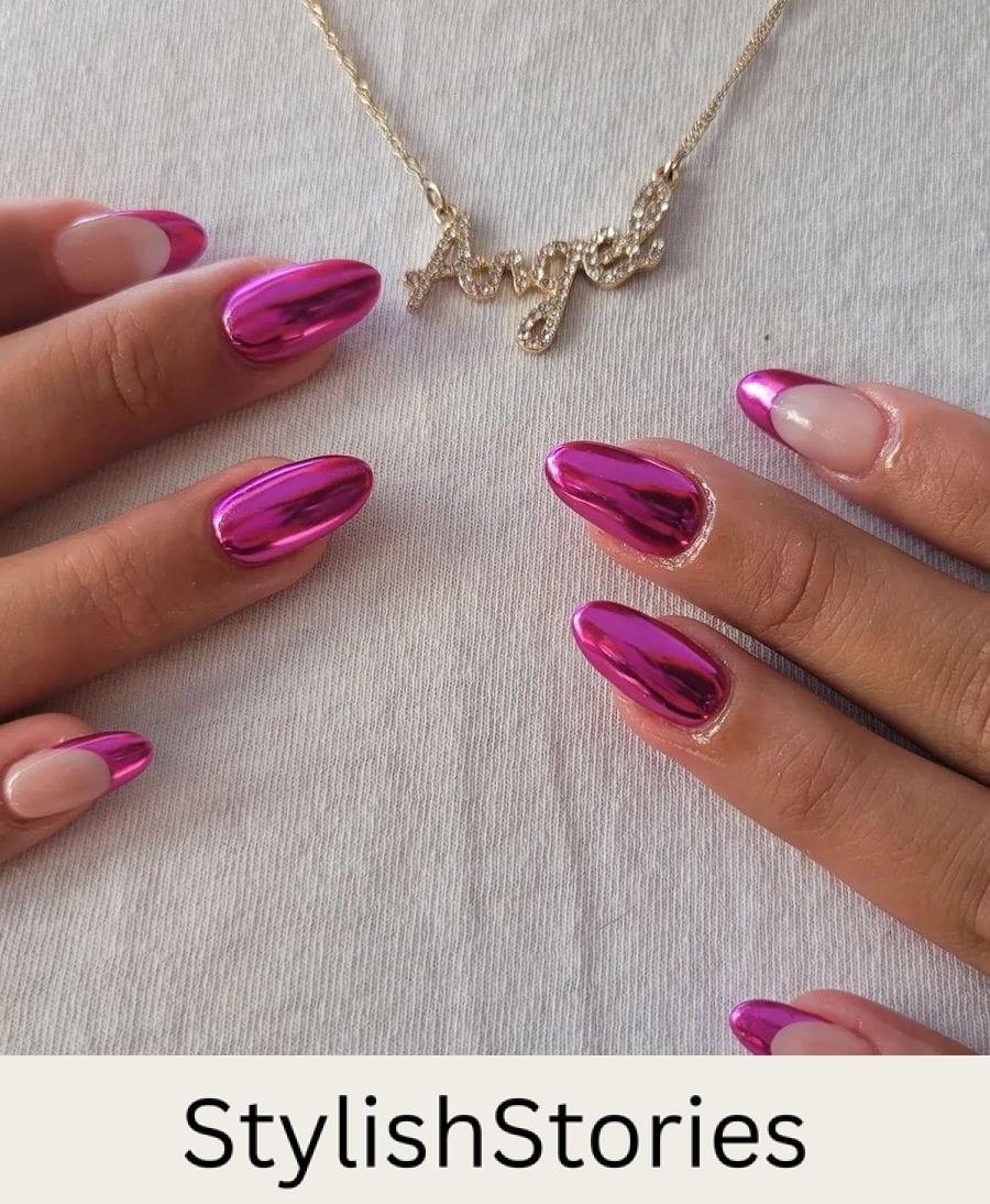 bright pink chrome nails with french tip accent nails