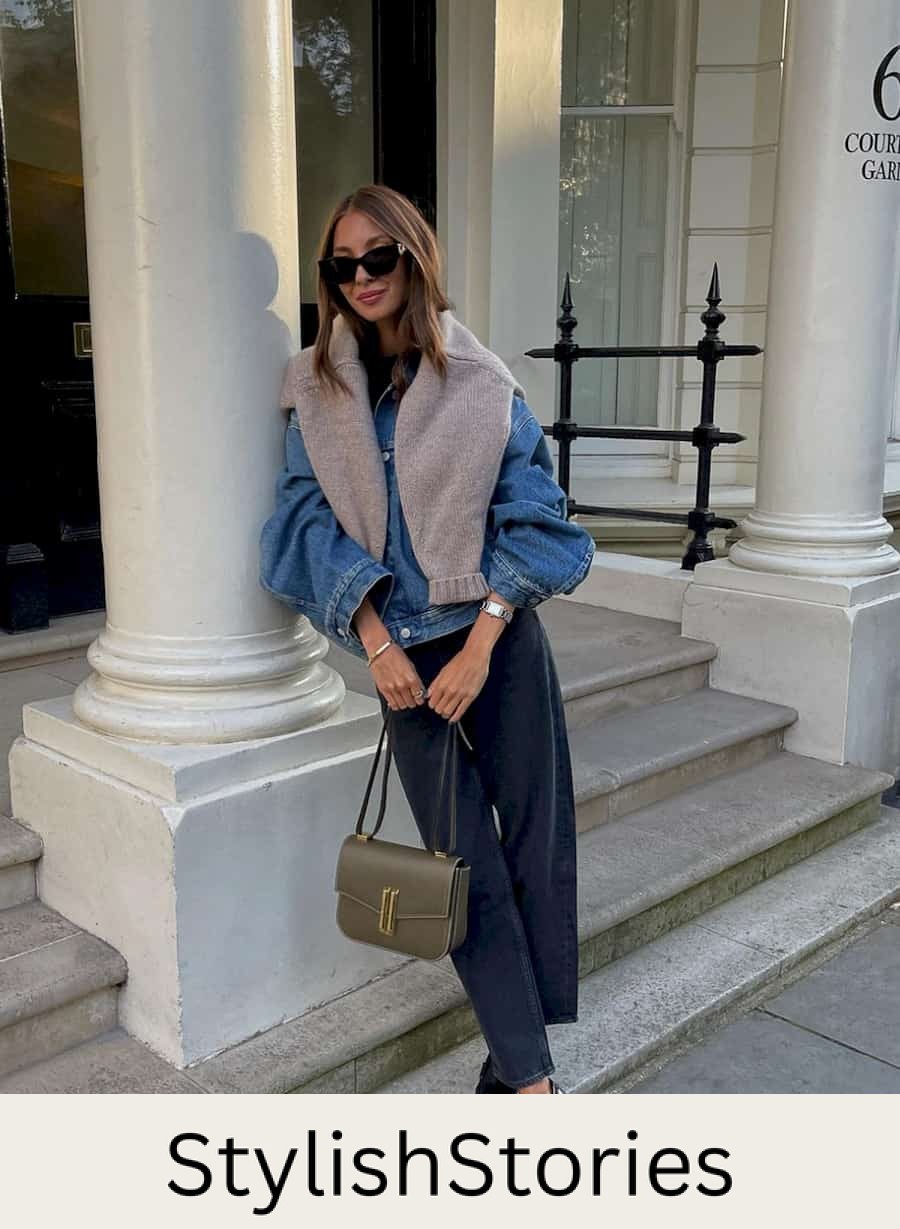 image of a woman in an oversized denim jacket, black balloon jeans, and chunky designer loafers