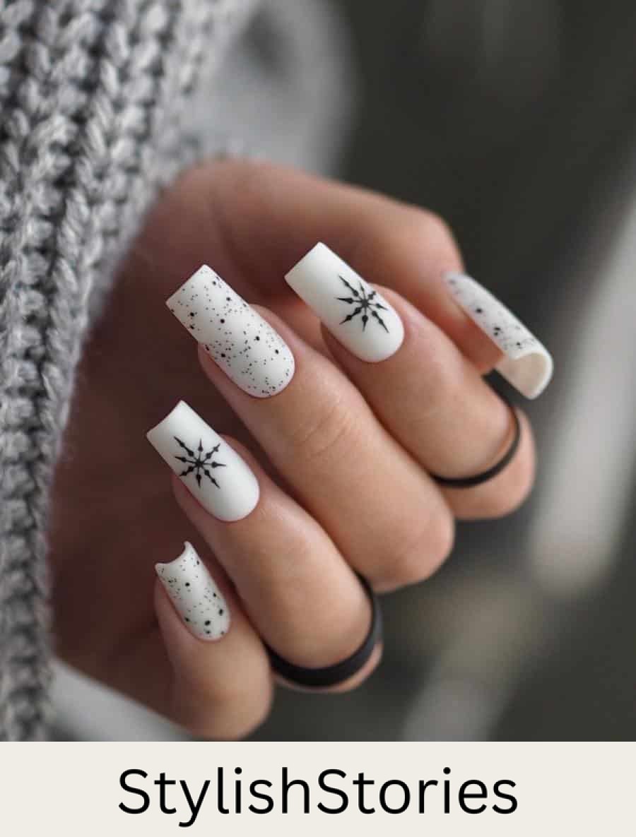 A hand with long square nails painted a matte white color with alternating black speckles nails and black snowflake nails
