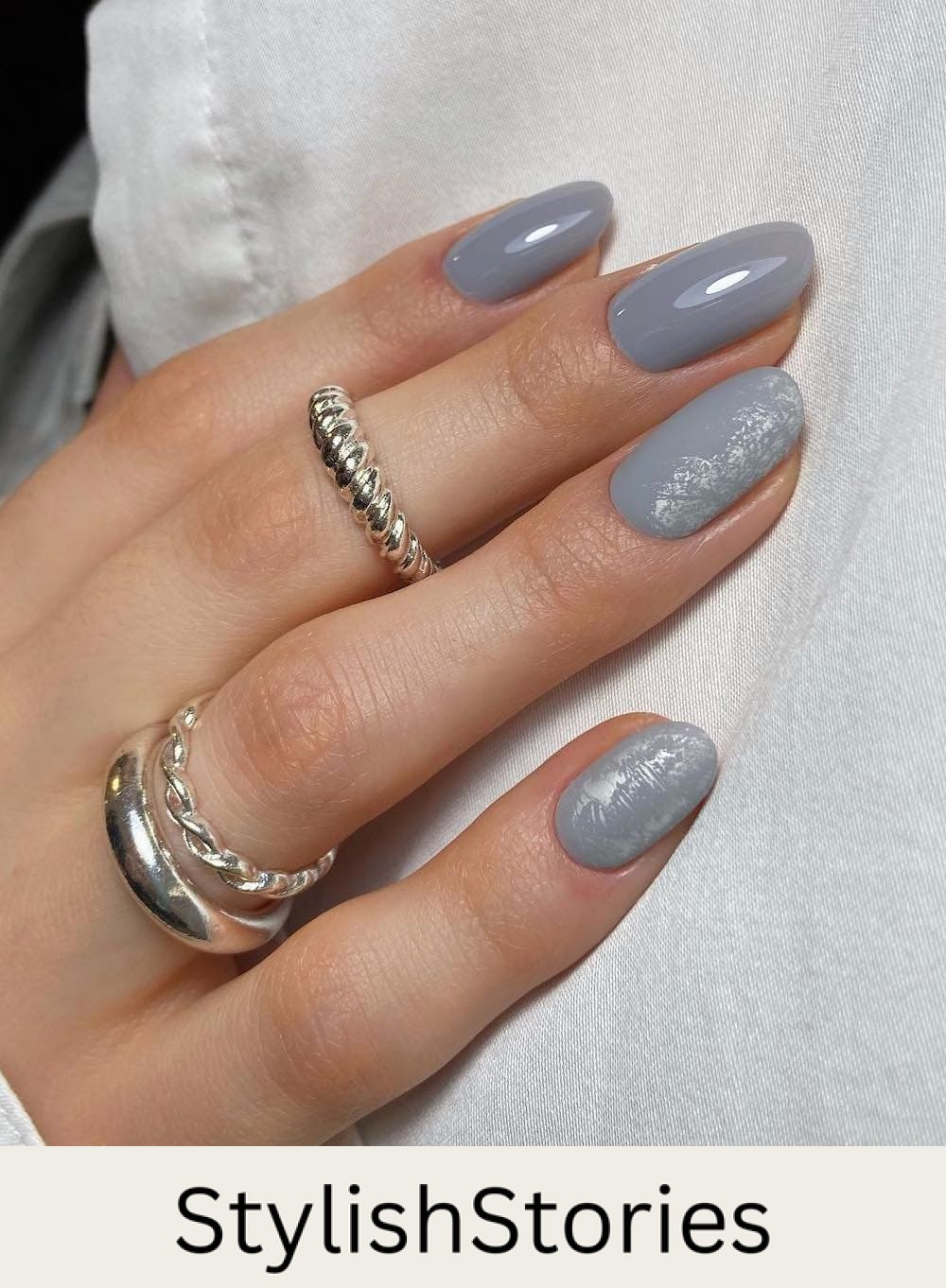 round grey nails with matte distressed details