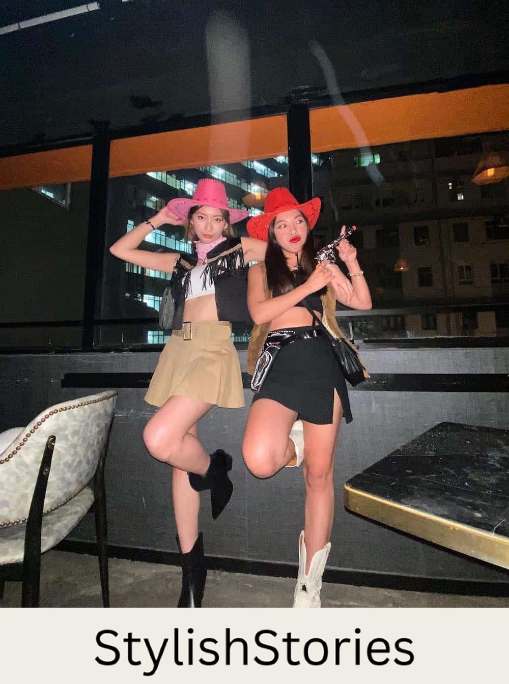 Two women dressed up as cowgirls on Halloween.