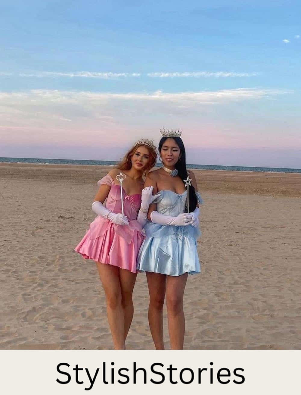 Two women dressed up as princesses on Halloween.