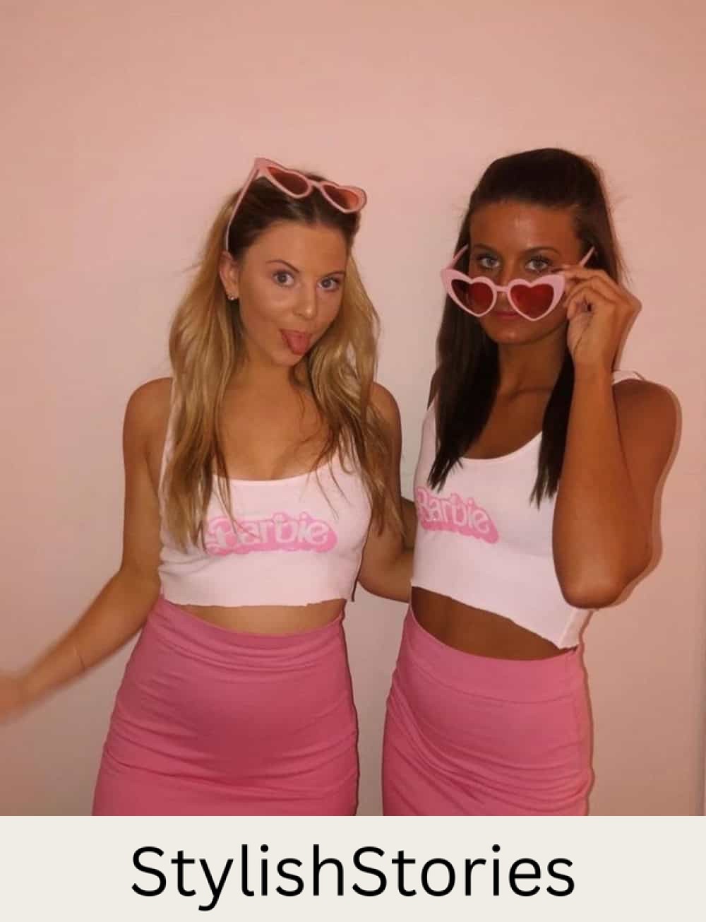 Two women dressed up as Barbie on Halloween.