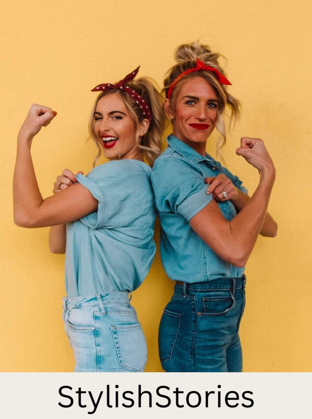 Two women dressed up as Rosie the Riveter for Halloween.