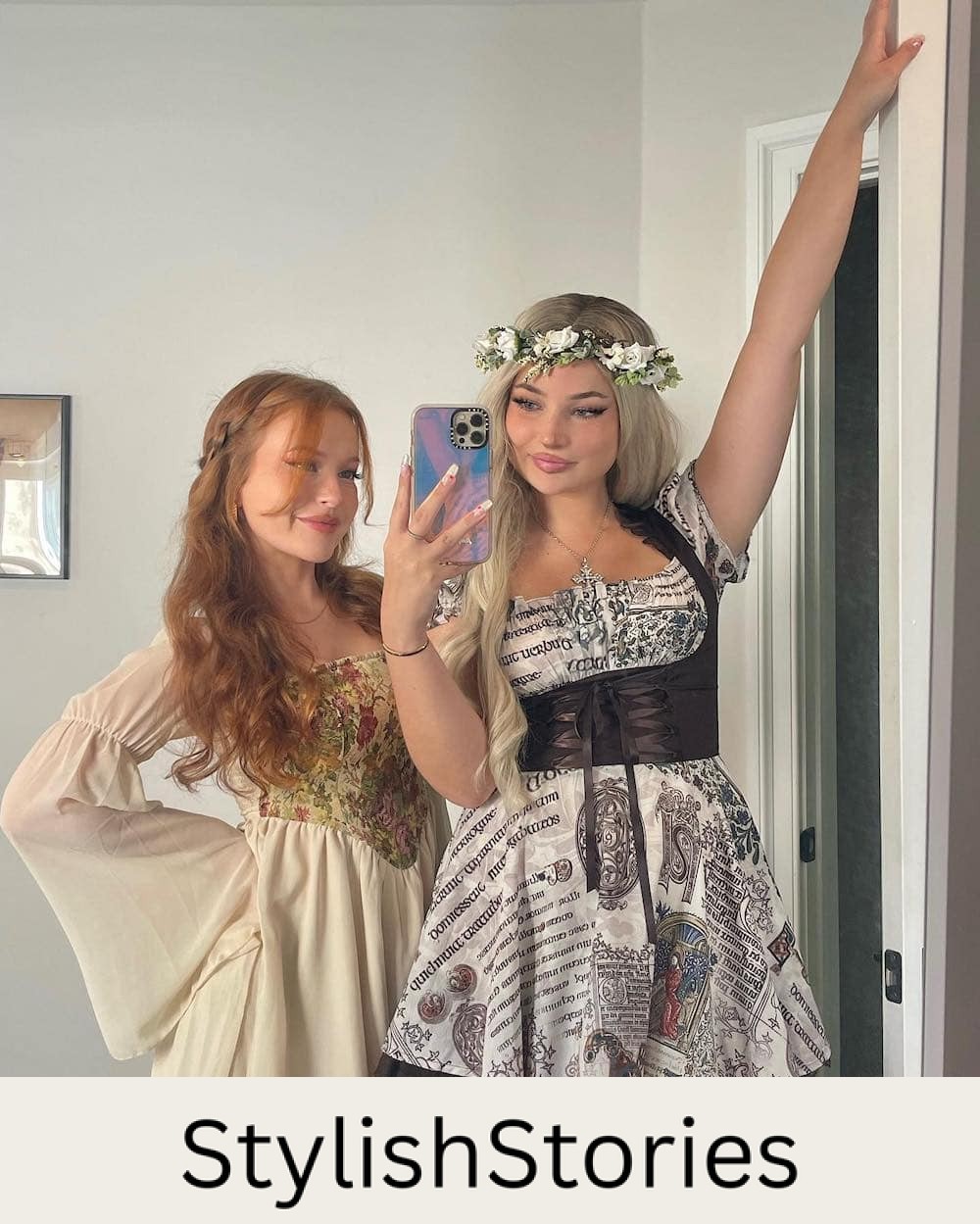Two women dressed up as Renaissance girls on Halloween.