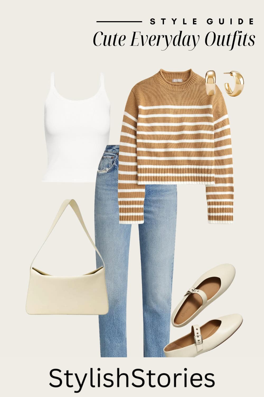 Flat lay outfit graphic of jeans with a white tank top and a orange and white stripped sweater with cream accessories.