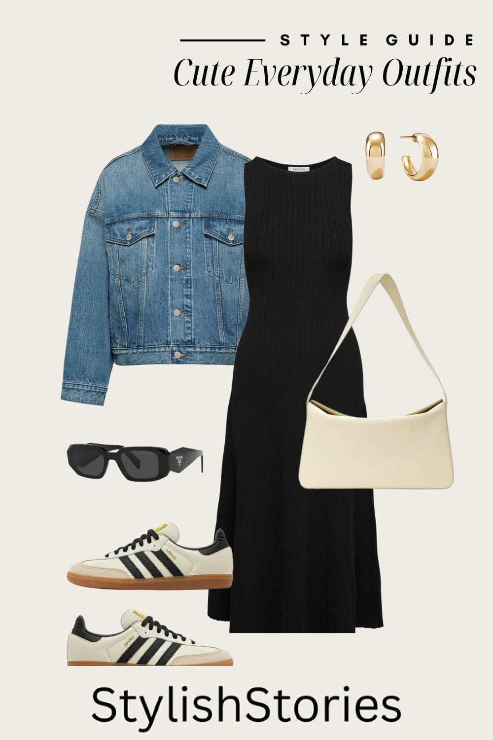 Flat lay outfit graphic of a black dress, sneakers and a denim jacket.