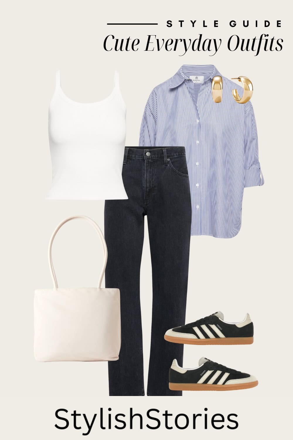 Flat lay outfit graphic of black jeans, a white tank top, and oversized blue and white stripped button down and sneakers.