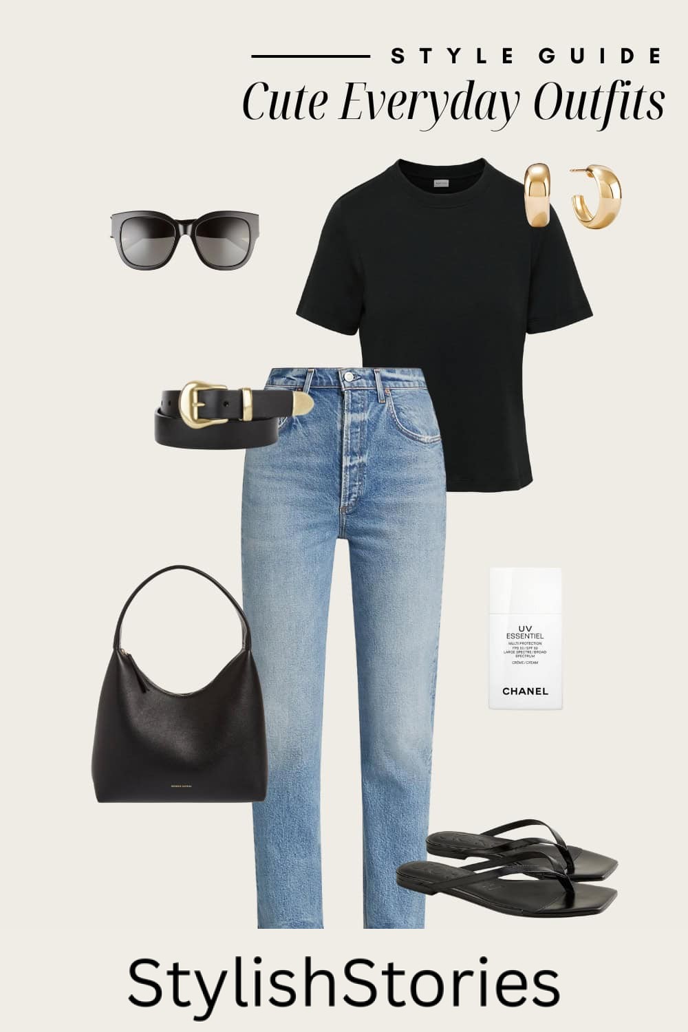 Flat lay outfit graphic of jeans, a black t-shirt and black accessories.