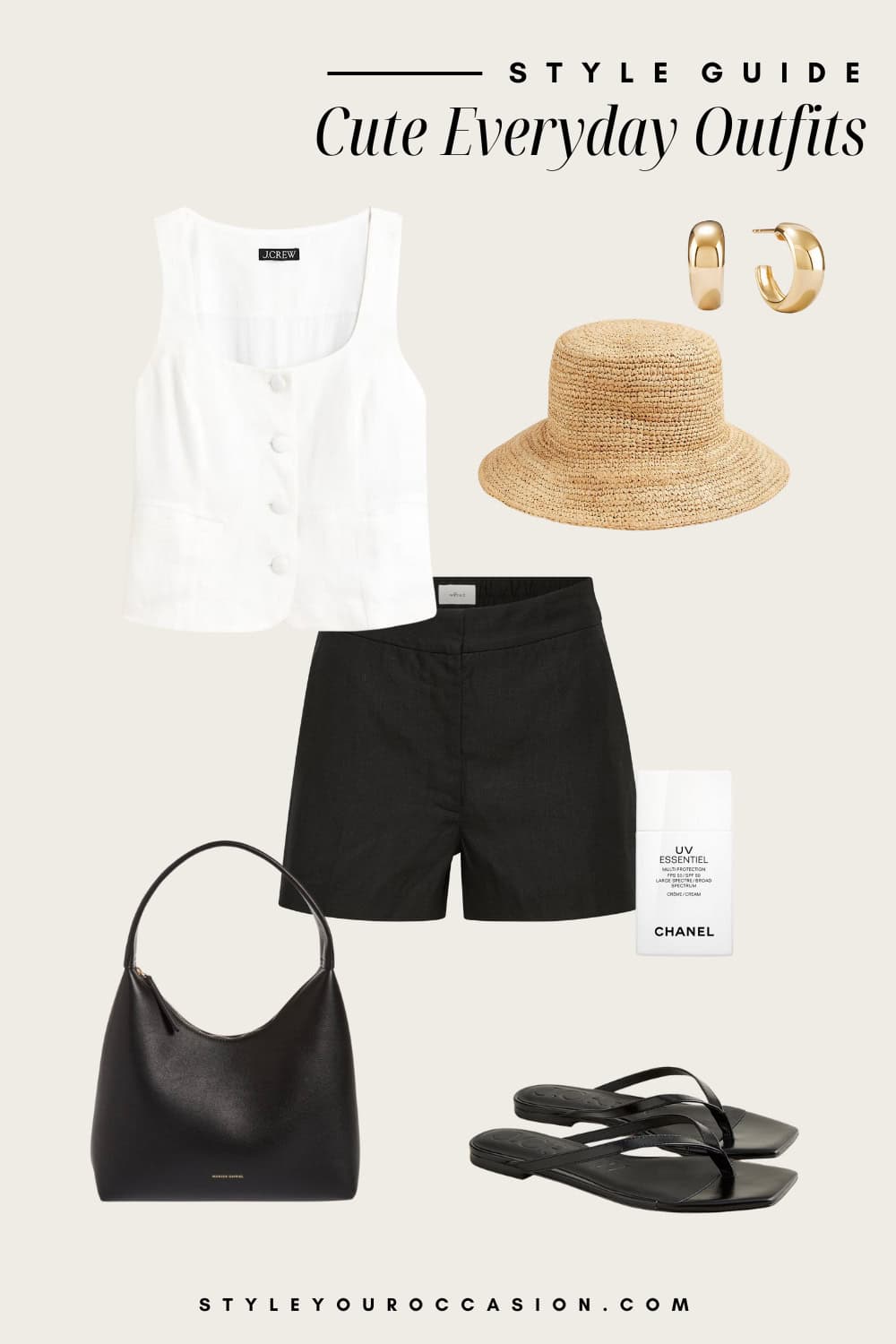 Flat lay outfit graphic of black shorts, a white vest top and black accessories.