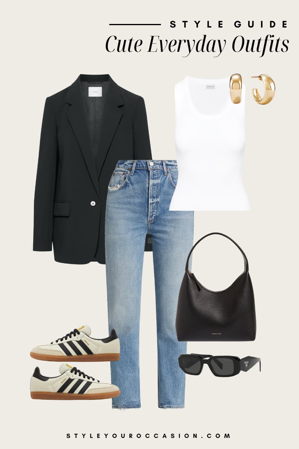 Flat lay outfit graphic of jeans, a white tank top, a black blazer and sneakers.