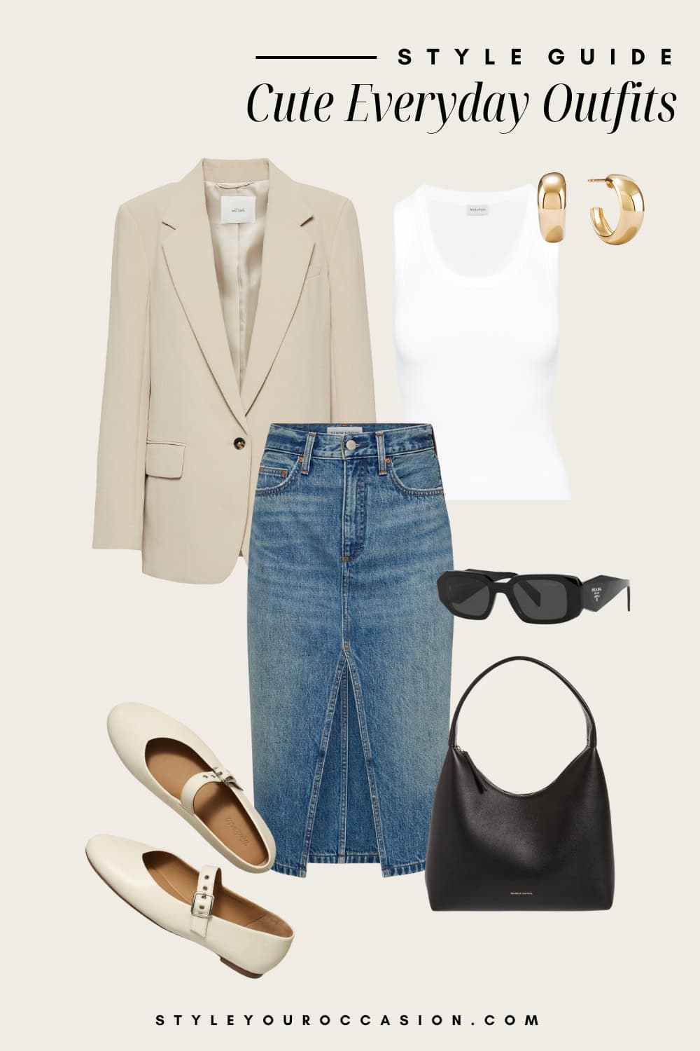 Flat lay outfit graphic of a denim midi skirt, a white tank, a tan blazer and matching cream colored mary janes.