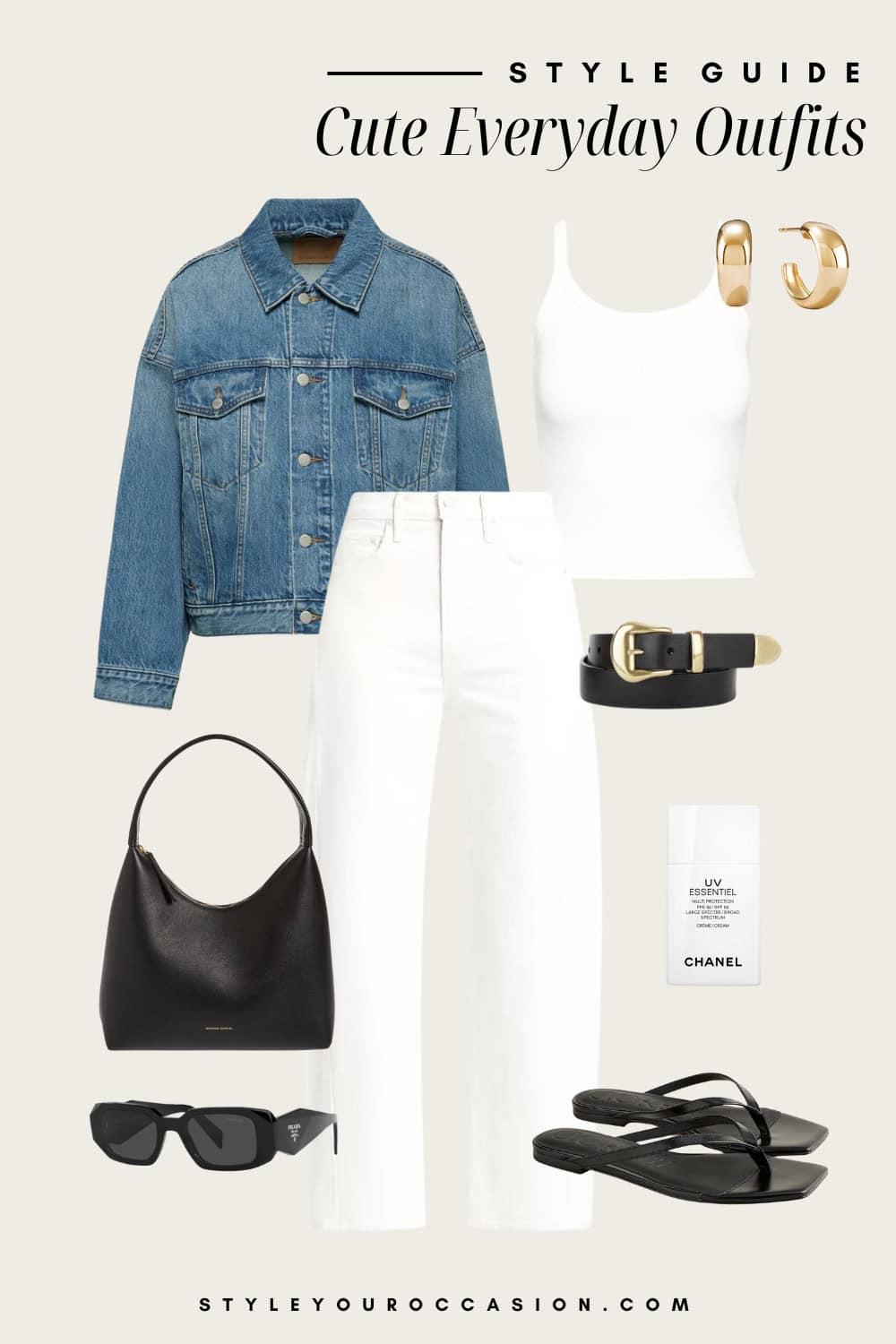 Flat lay outfit graphic of white pants, a white tank top, a denim jacket and black accessories.