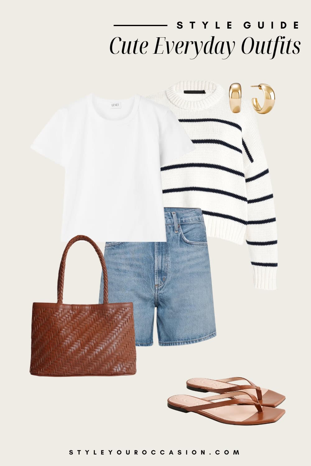 Flat lay outfit graphic of denim shorts, a white t-shirt, a black and white stripped sweater and brown accessories.