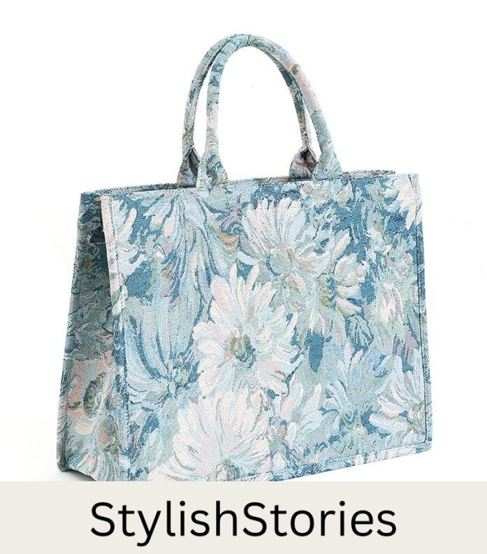 Image of a light blue floral tapestry printed book tote bag 