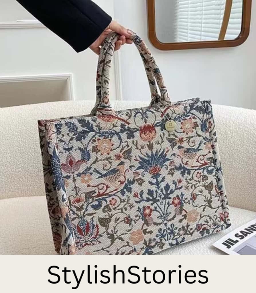 image of a floral embroidered canvas book tote