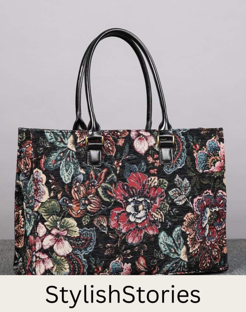 image of a beautiful book tote with a black floral tapestry design that is inspired by the Dior Book Tote