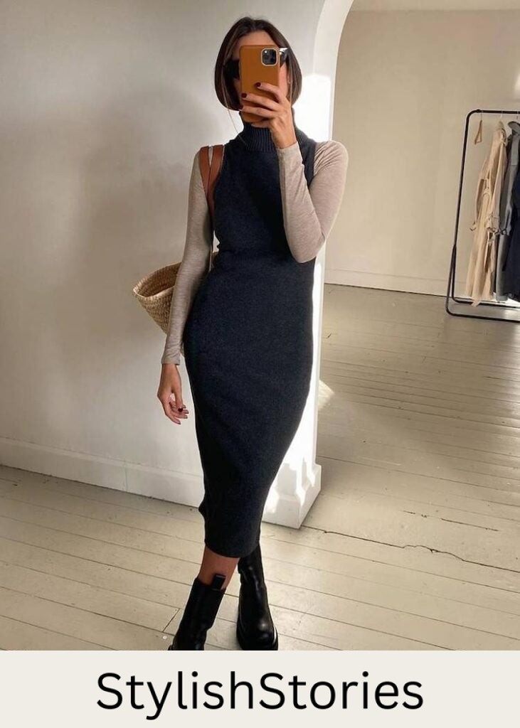 woman wearing a long sleeve top under a bodycon dress with combat boots in winter
