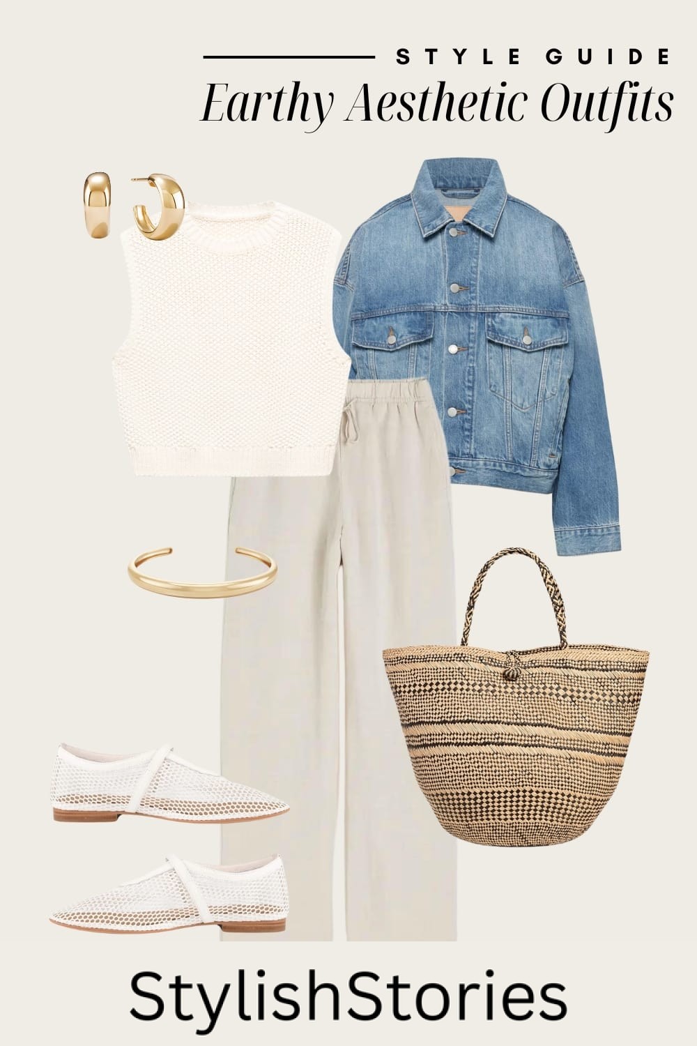 Flat lay outfit graphic of linen pants, a crochet tank top, a denim jacket, white mesh loafers and gold accessories.
