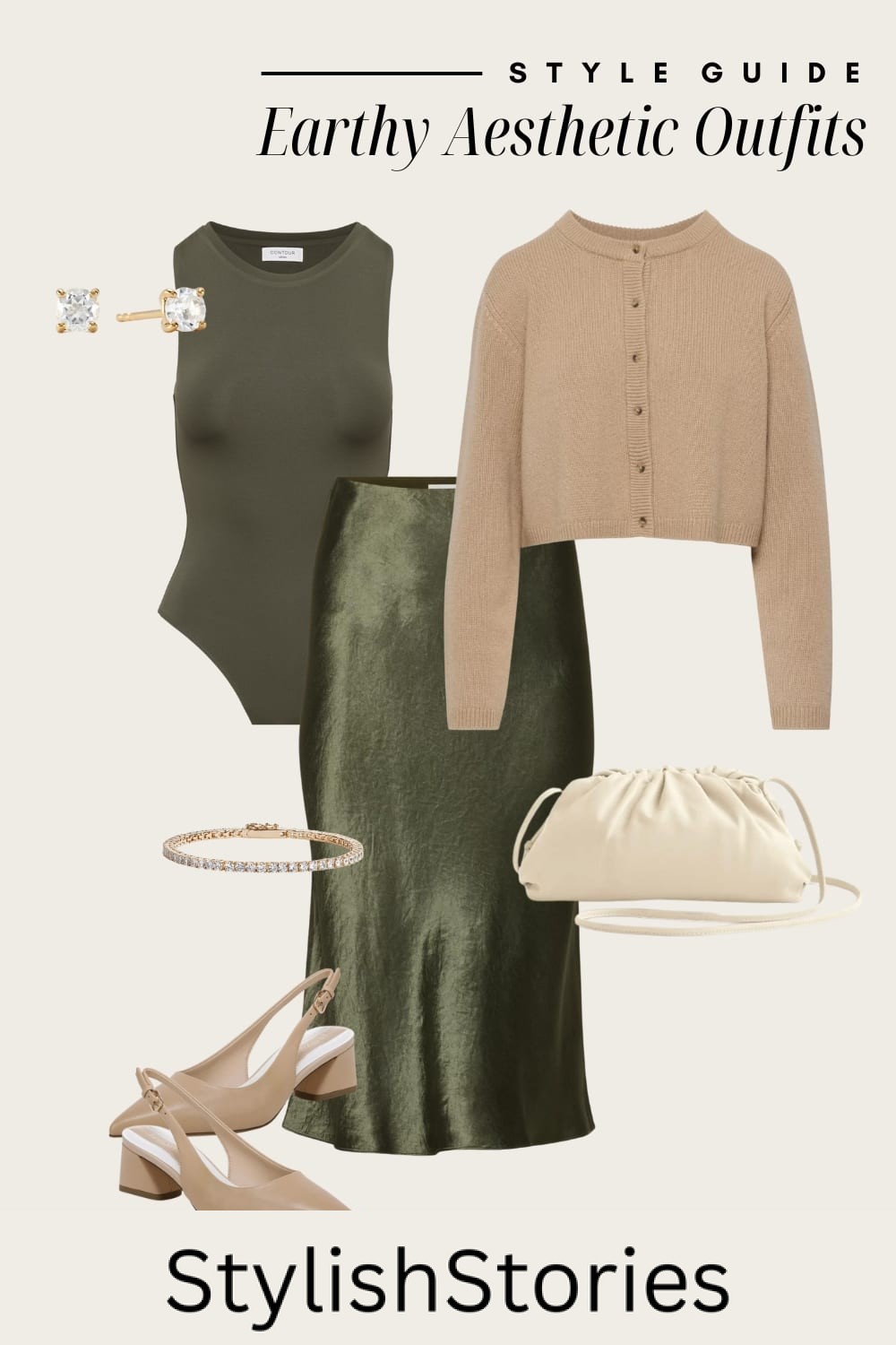 Flat lay outfit graphic of a green slip skirt, a green bodysuit, a tan cardigan and neutral accessories.