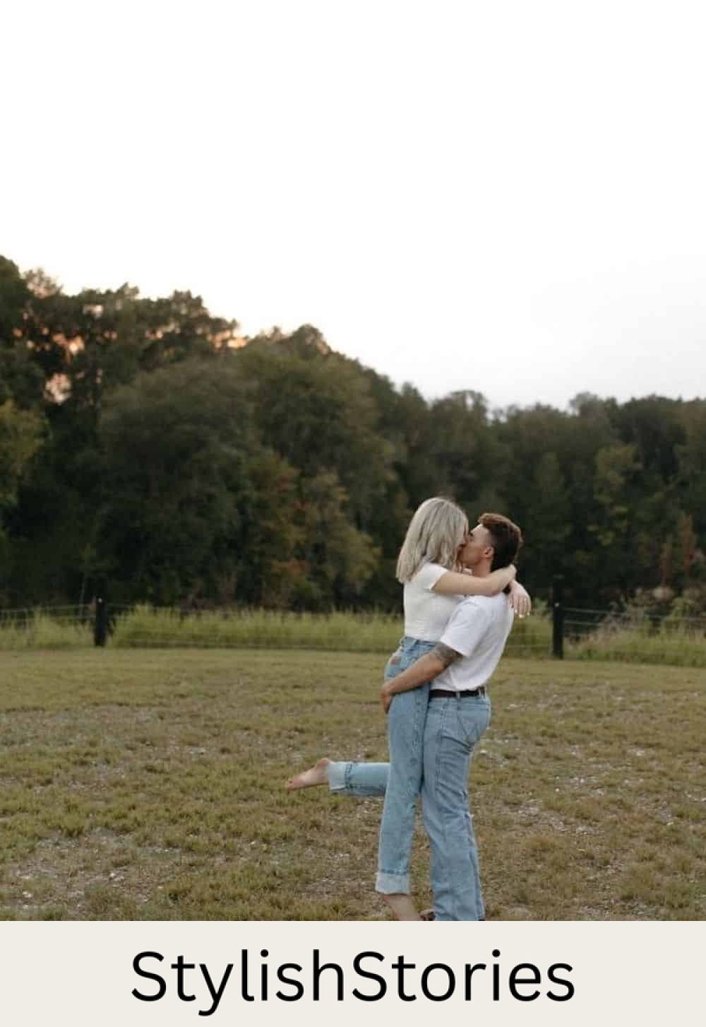 engagement photos featuring a couple wearing casual denim outfits