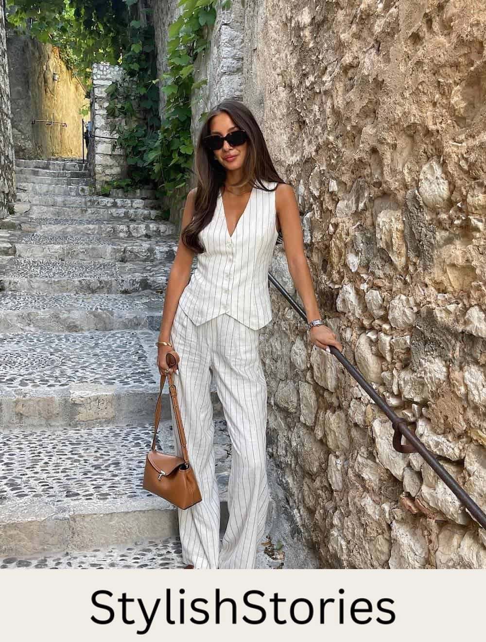 Woman wearing a black and white pin striped vest and pant set with brown accessories.