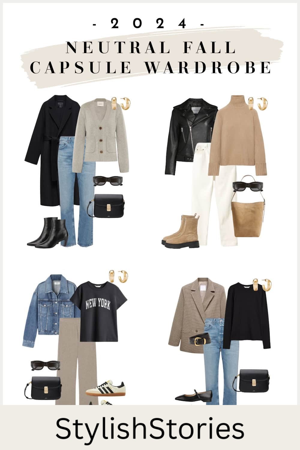collage of four minimal and neutral outfits from a fall capsule wardrobe