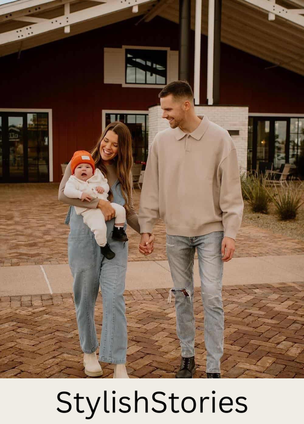 fall family photos for a family of three wearing denim jeans, denim overalls, long-sleeved tops and knit pieces
