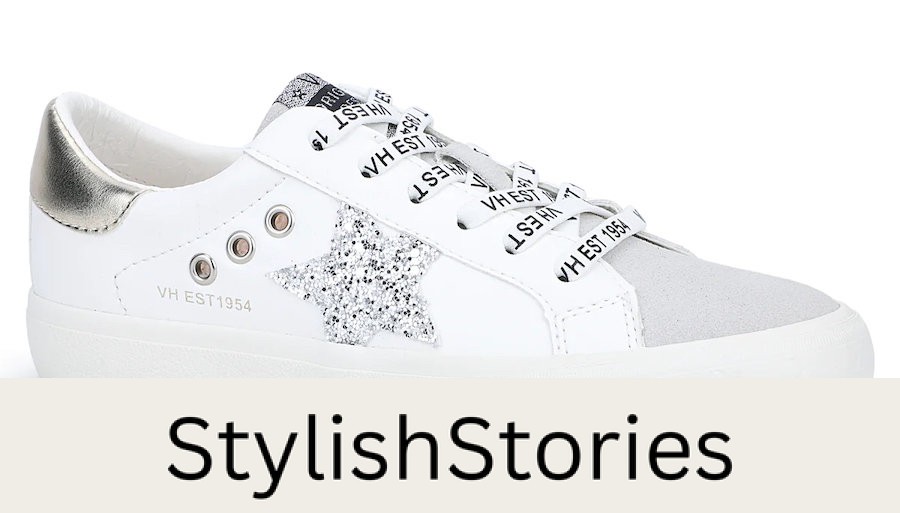 image of a while Golden Goose dupe sneaker with a glittery silver star on the side
