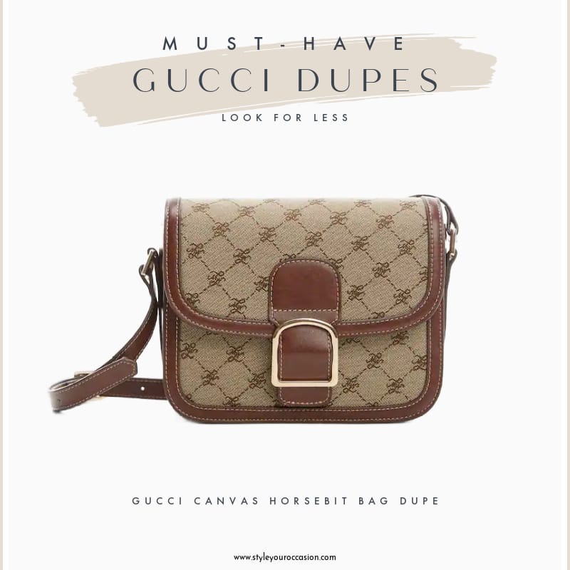 image of a brown canvas bag with brown leather trim and a gold buckle detail 