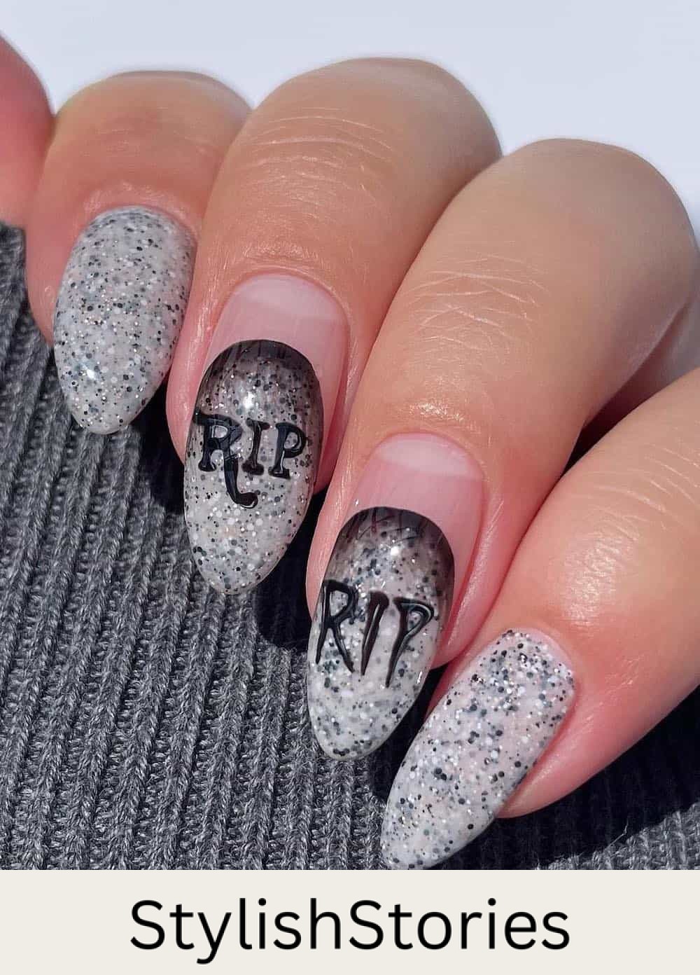 long speckled neutral almond nails with tombstone nail art