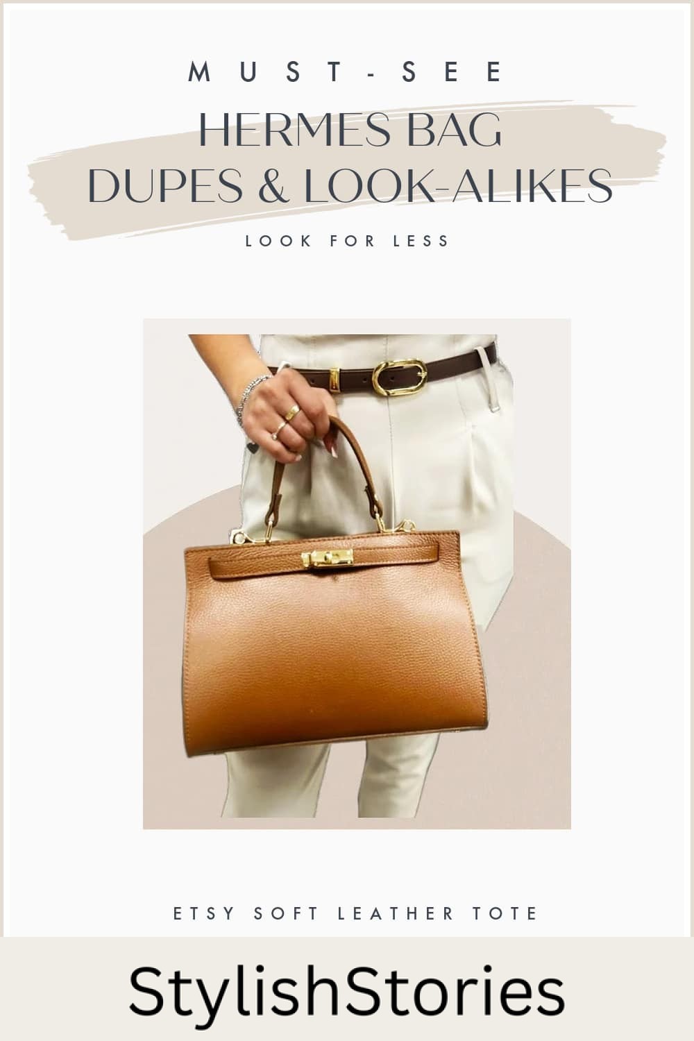 an image board of a tan leather Hermes look-alike purse from Etsy