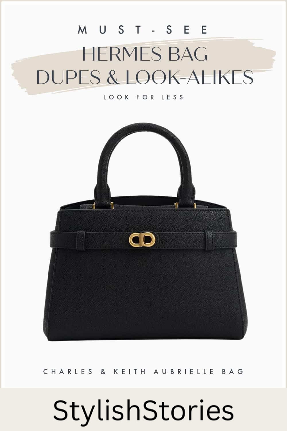 an image board of a black and gold satchel Hermes bag dupe from Charles and Keith