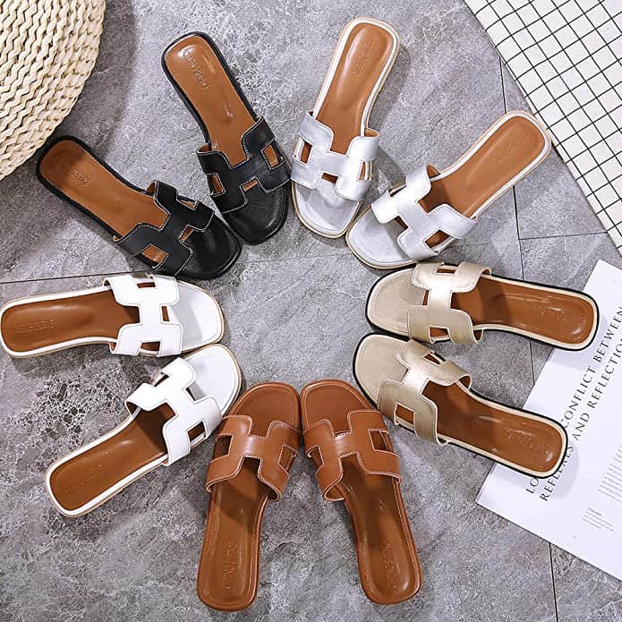 image of a collection of Hermes Oran sandals dupes in a circular pattern