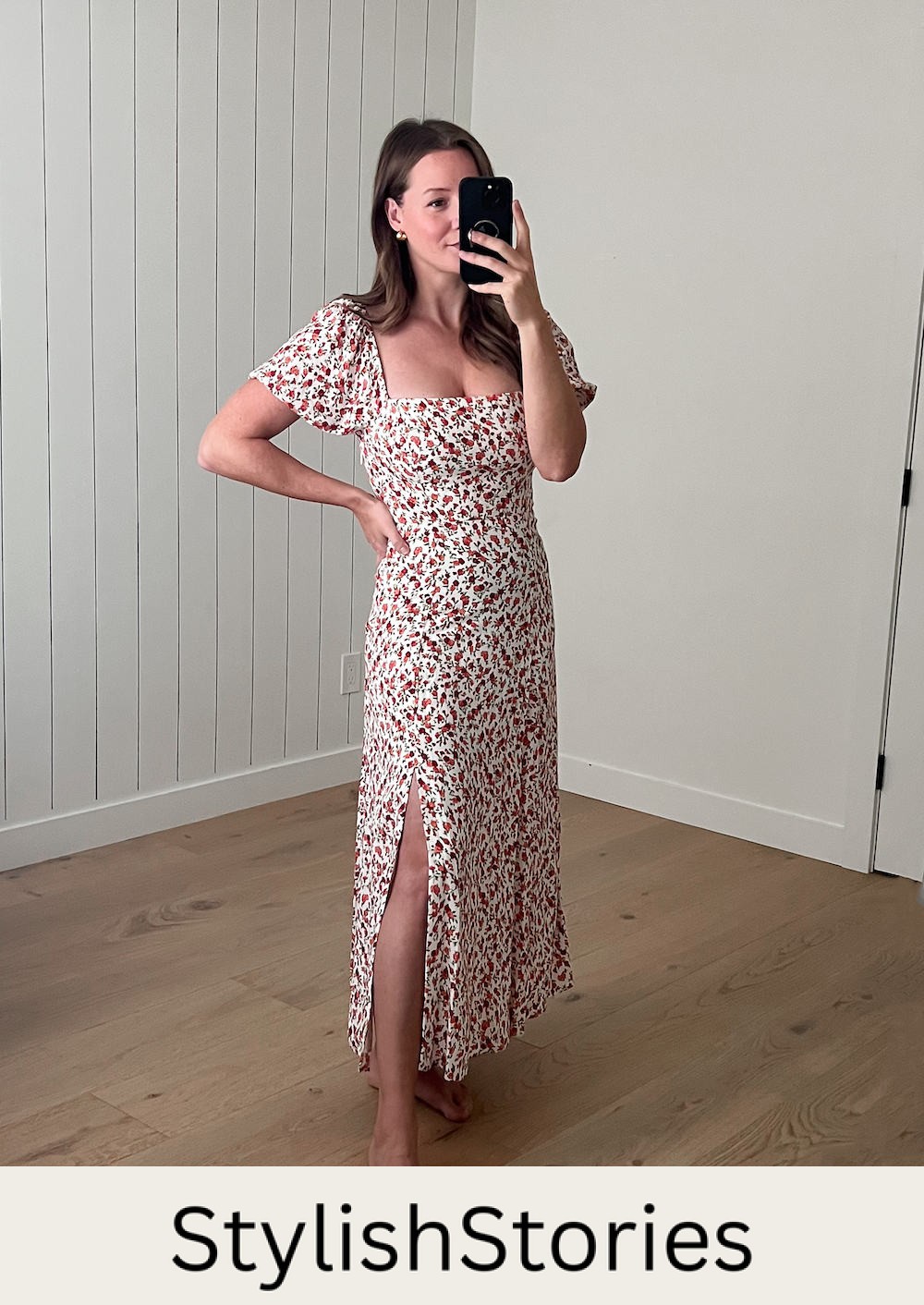 Christal wearing a floral printed dress.