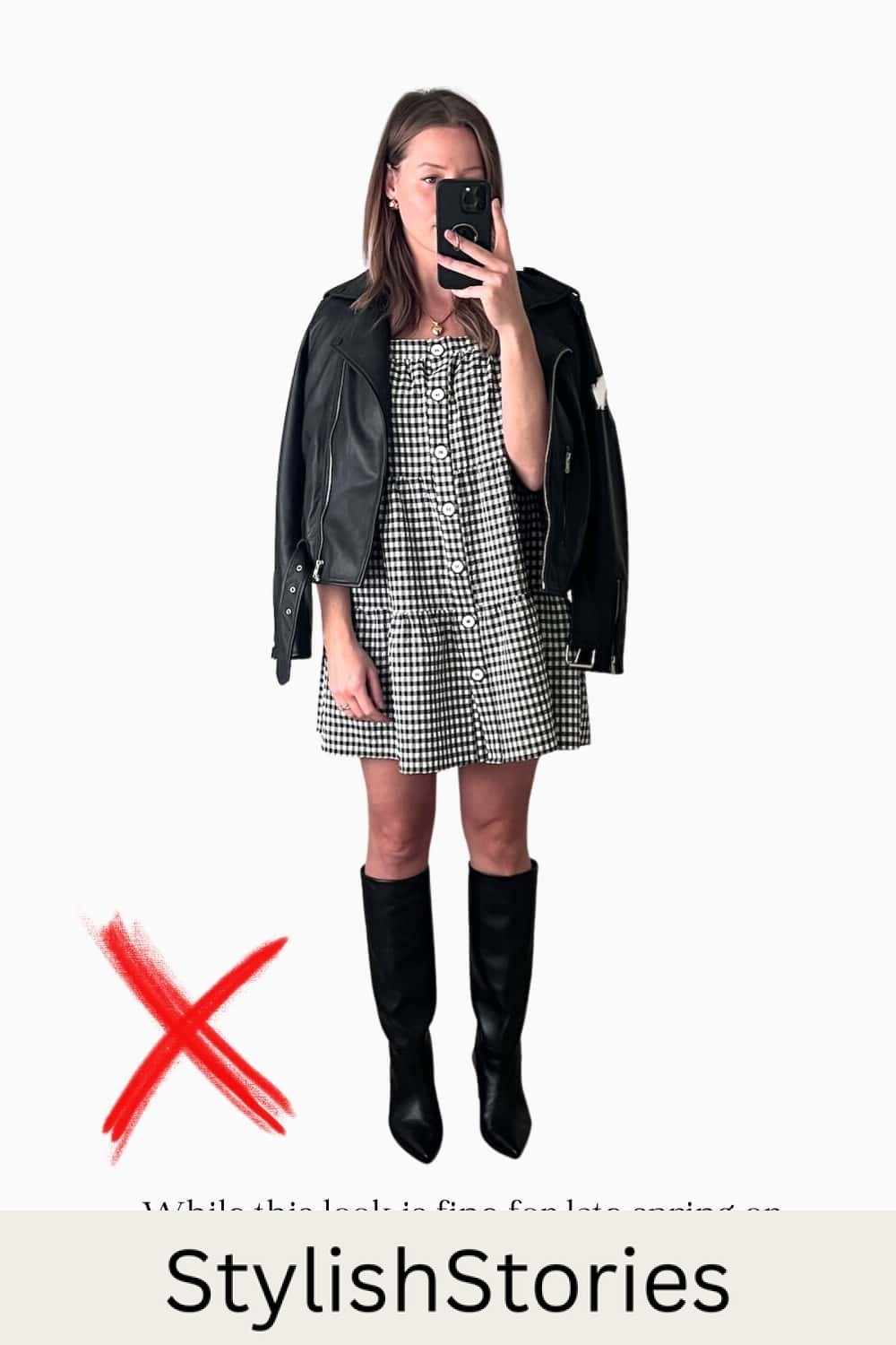 A graphic of Christal showing what dress style not to wear in the winter.