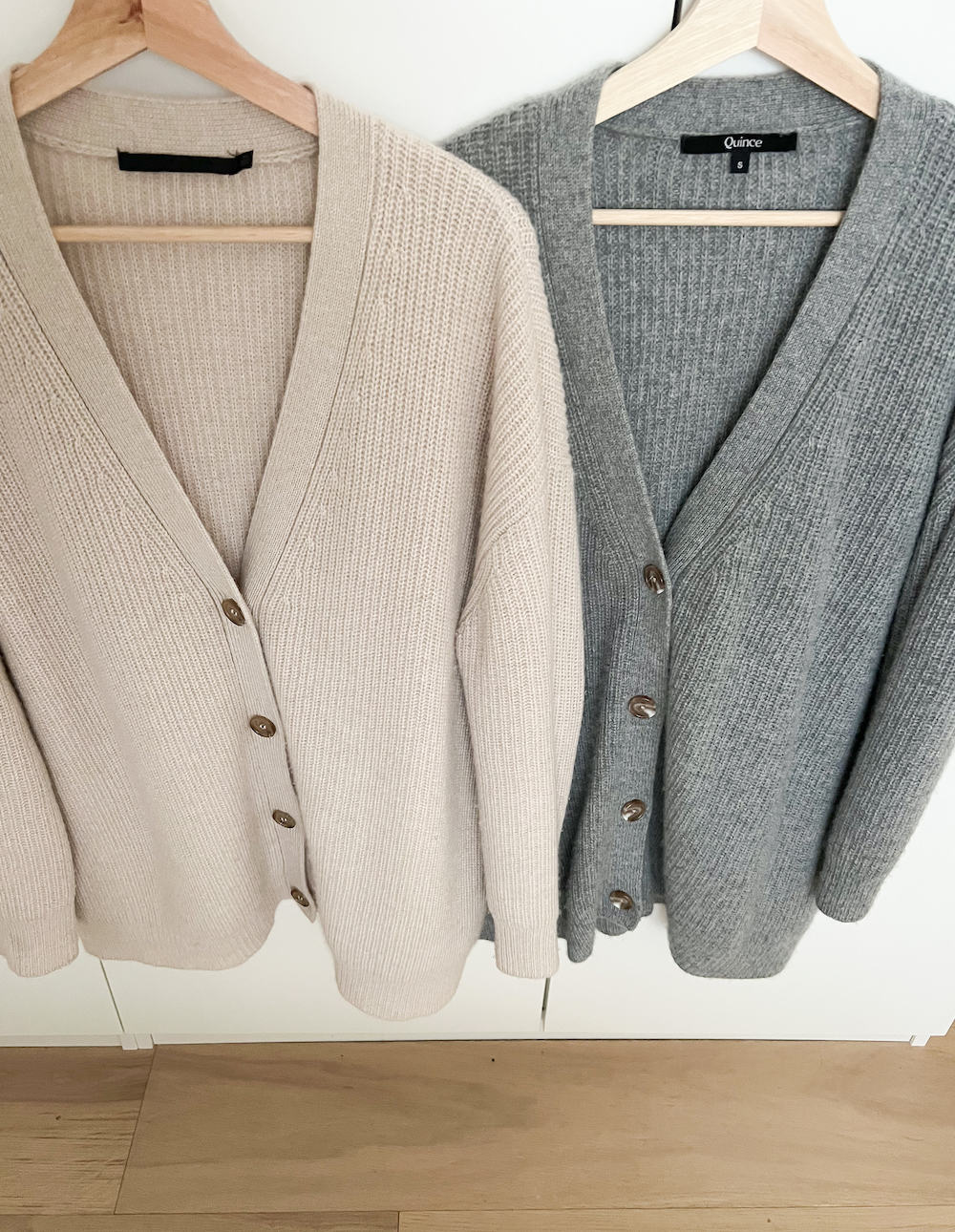 image with the Jenni Kayne cashmere cocoon cardigan and Quince cashmere cardigan side by side