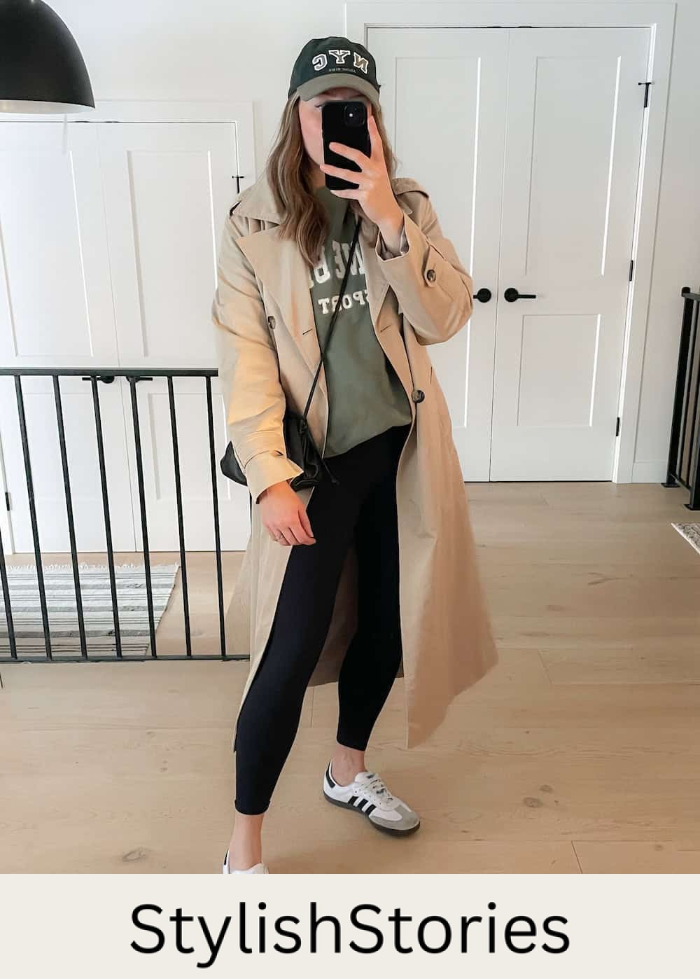 Christal wearing leggings, sneakers, a sweatshirt and a long coat.
