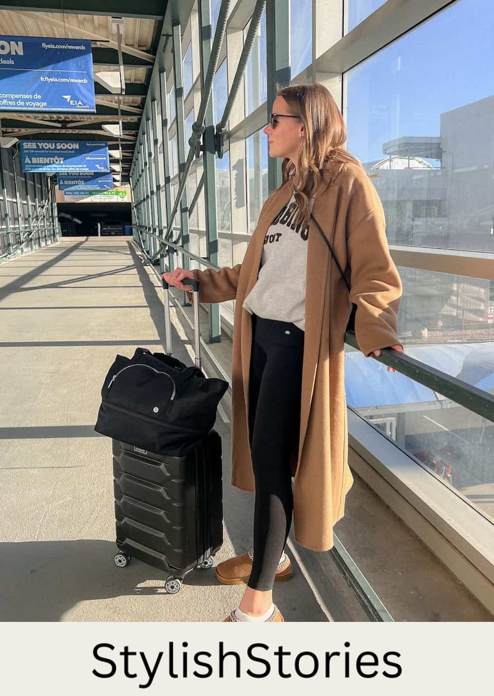 Christal wearing leggings, Uggs, a sweatshirt and a long coat.