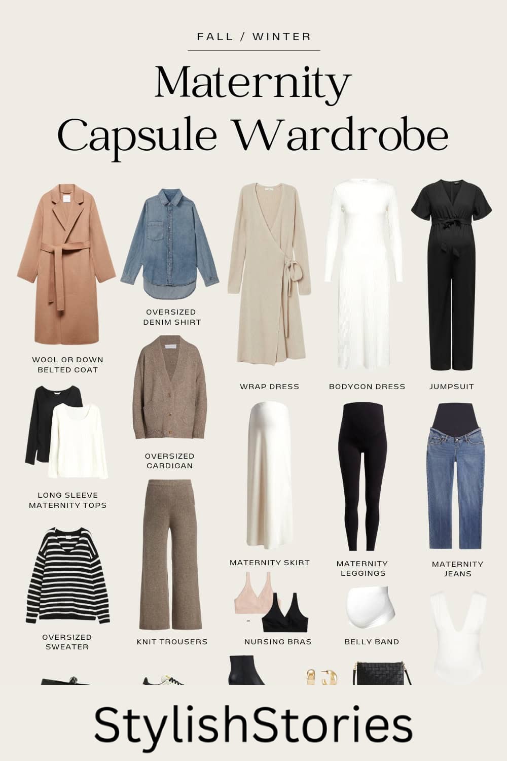 image of a fall/winter maternity capsule wardrobe that is primarily neutral
