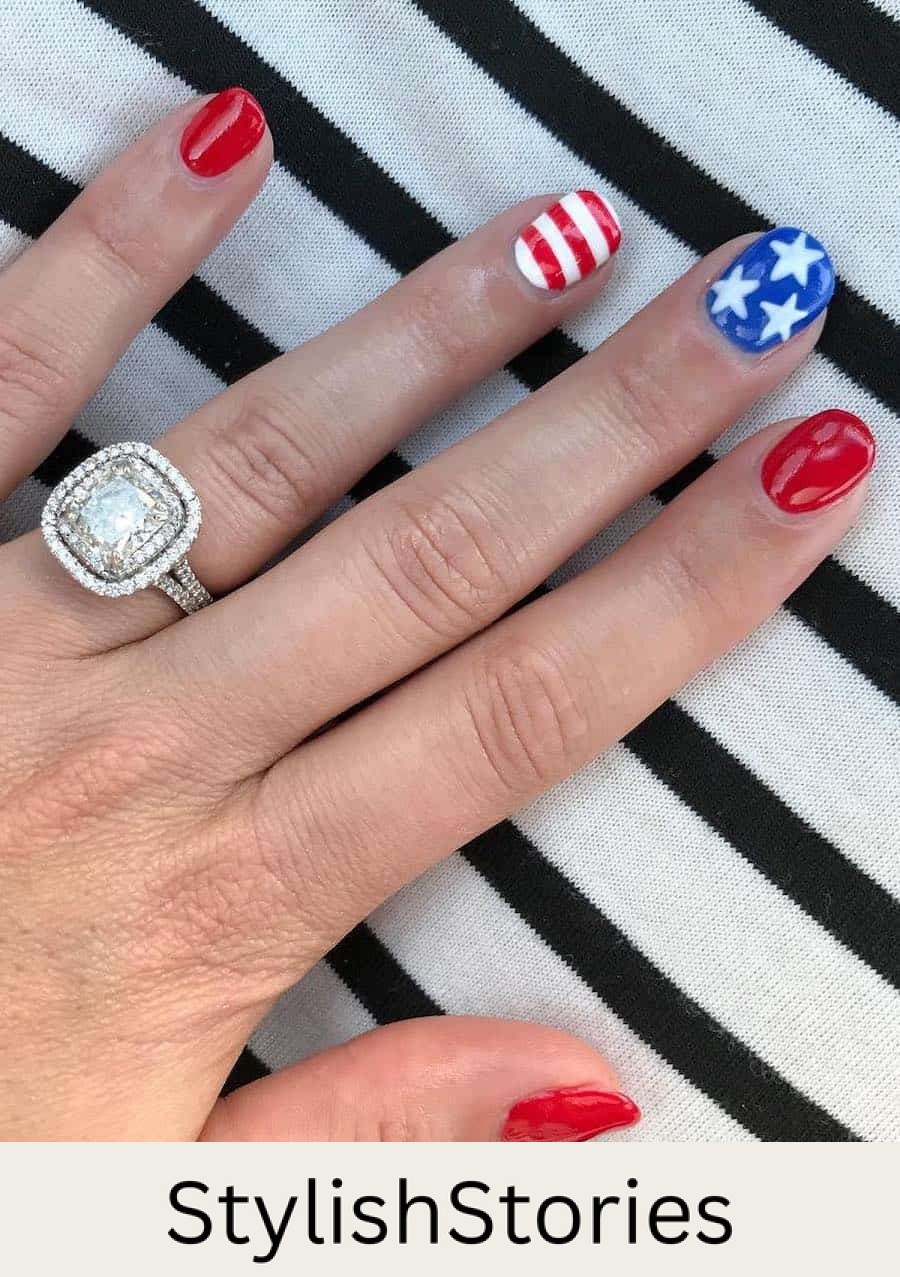 short round nails painted with red polish and accent nails featuring red and white stripes and blue polish with white stars